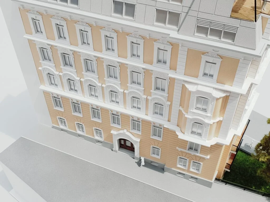 Architekturmodell 1:200 – sanierte historische Fassade mit klassischer Ornamentik und detailgetreuer Ausführung.