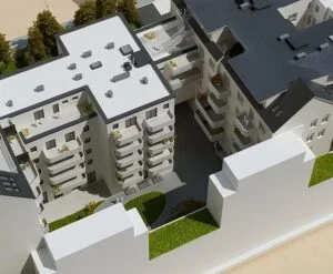 Architekturmodell 1:100 – Wohnblock mit Innenhof, Balkonen und Dachterrassen, detailreich und realistisch dargestellt.