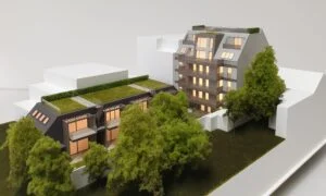 Architekturmodell 1:100 – Wohnhaus mit Garten, Dachbegrünung und detaillierter Fassadengestaltung, realistisch beleuchtet.