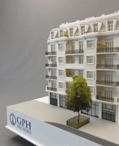 Studienmodell mit Baukörpern und Grundrissstruktur – reduziertes Architekturmodell für Entwurfs- und Präsentationszwecke.