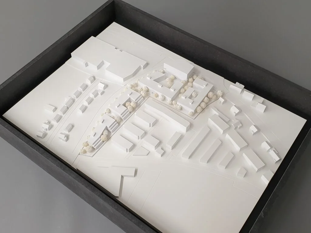 Umgebungsmodell in schwarzer Transportbox – stabile Verpackung für sicheren Transport und Schutz von Architekturprojekten.
