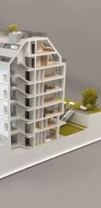 Vertikales Schnittmodell eines Mehrfamilienhauses mit historischer Fassade, Innenräumen und Gartenbereich.