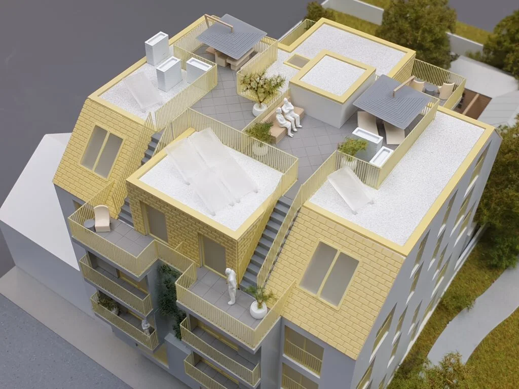 Architekturmodell Wien – Immobilienmodell im Maßstab 1:100, Wohnhaus mit Dachterrasse, Möblierung, Figuren, hoher Detailgenauigkeit und Fassadengestaltung.