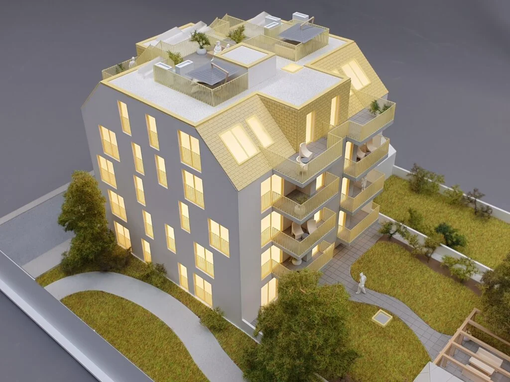 Architekturmodell Mehrfamilienhaus – goldfarbene Fassade, Balkone, Dachterrassen und detailreiche Innenbeleuchtung für Präsentationen.