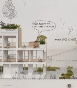 Architektur-Schnittmodell mit begrünten Terrassen, nachhaltigem Wohnkonzept und transparentem Präsentationspaneel.