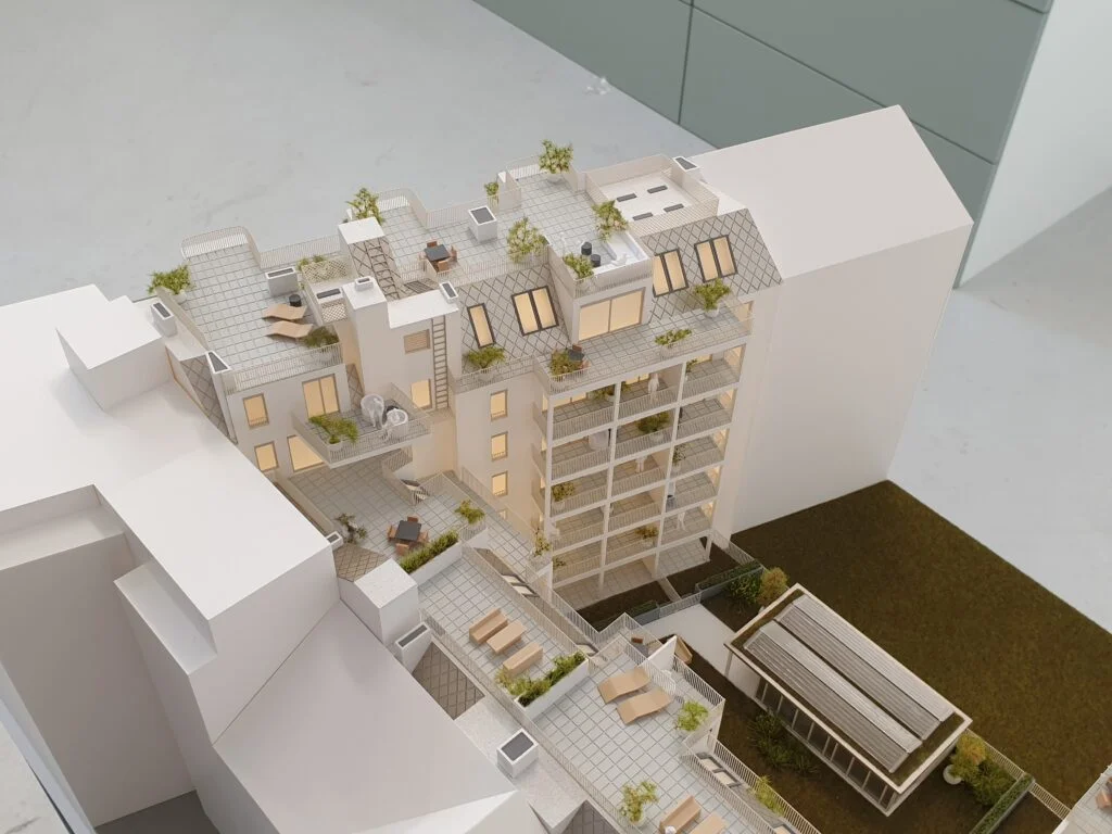 Architekturmodell Wohnhaus – detailreiche Darstellung mit Dachterrassen, Sitzbereichen, Begrünung und Beleuchtung.