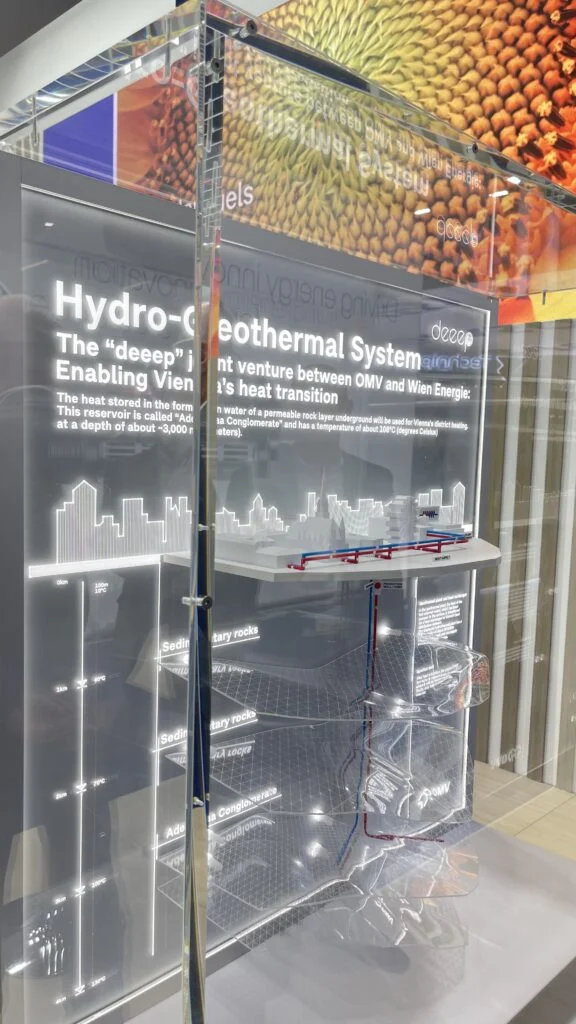 Funktionsmodell Hydro-Geothermal System – beleuchtetes Acrylmodell für Energie- und Stadtpräsentationen.
