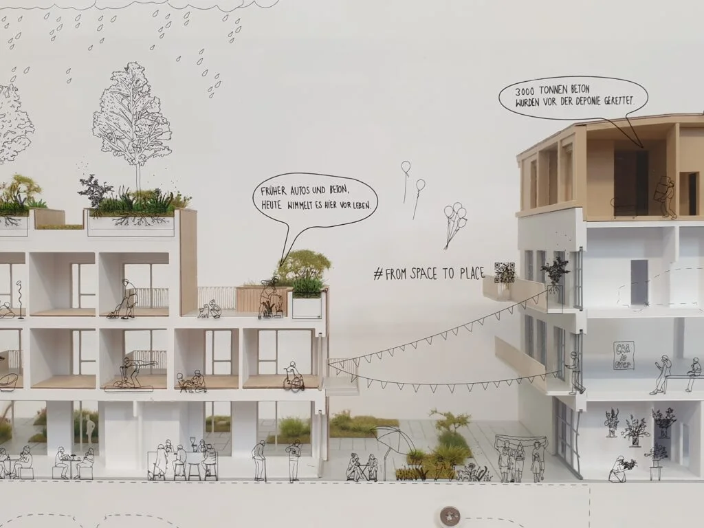 Funktionsmodell Architektur – Wohnanlage mit offenen Etagen, grünen Terrassen und grafischen Illustrationen.