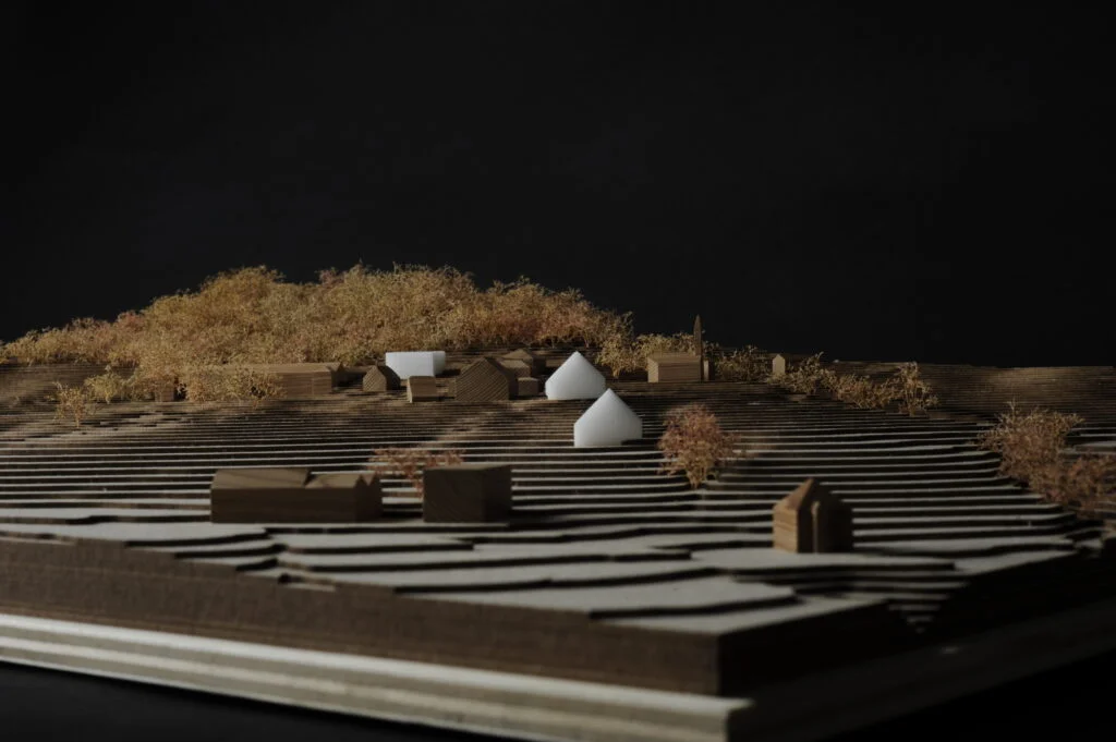 Holzmodell Landschaft mit weißen Baukörpern und Bäumen, Architekturmodell für Wettbewerbe in Österreich.