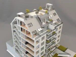 Architekturmodell im Schnitt mit sichtbaren Innenräumen, Treppenhaus, Balkonen und Dachterrasse – hochwertiges Präsentationsmodell.