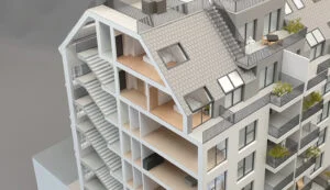 Architekturmodell im Schnitt mit detaillierten Innenräumen, Treppenhaus, Dachausbau und Balkonen