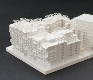 Weißmodell mit modularer, kubischer Fassadenstruktur und gestapelten Volumen im Wettbewerbsmaßstab.