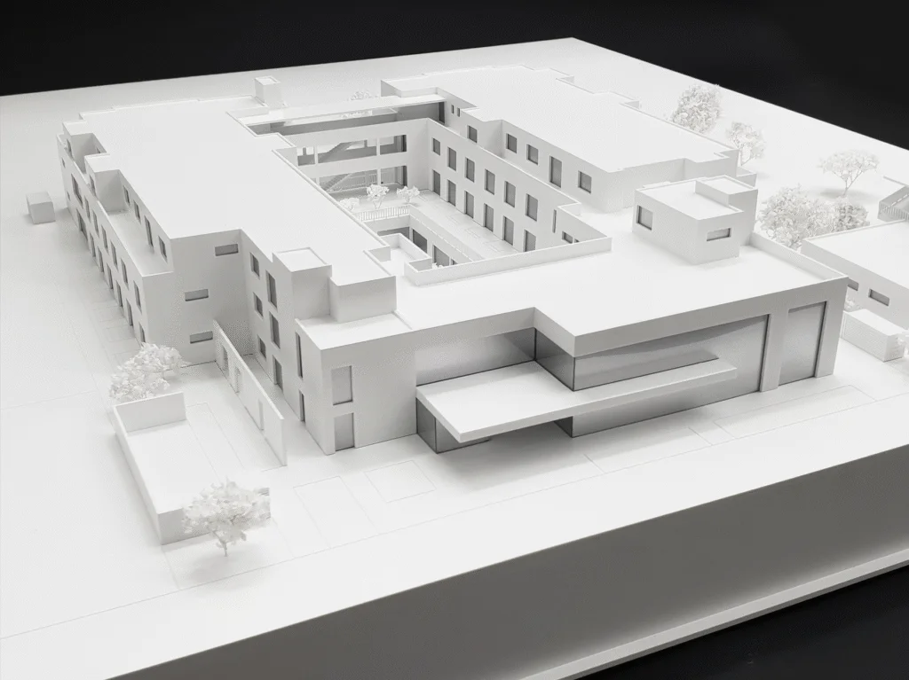 Modernes Architekturmodell einer rechteckigen Gebäudestruktur mit Innenhof und klaren weißen Volumen in minimalistischer Ausführung.