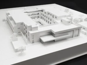 Modernes Architekturmodell einer rechteckigen Gebäudestruktur mit Innenhof und klaren weißen Volumen in minimalistischer Ausführung.