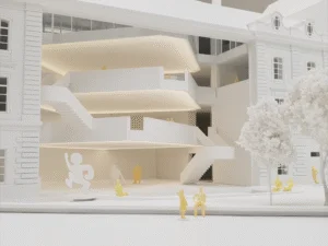 Weißes Architekturmodell mit offenen Galerien, Treppen und Innenhof, ergänzt durch gelbe Figuren und historische Fassadendetails.