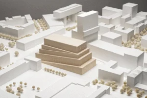 Ausstellungsmodell im Maßstab 1:500 mit gestapelten Holzvolumen in städtischem Kontext und weißen Gebäudeblöcken rundum.