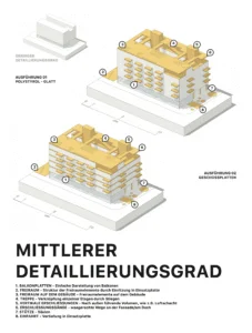 Mittlerer Detaillierungsgrad eines Architekturmodells mit zwei Ausführungen und markierten Bauelementen