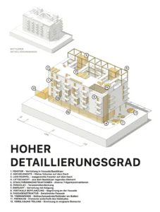 Hoher Detaillierungsgrad eines Architekturmodells mit markierten Bauelementen, Fassadenstruktur, Dachdetails und Tragkonstruktionen.
