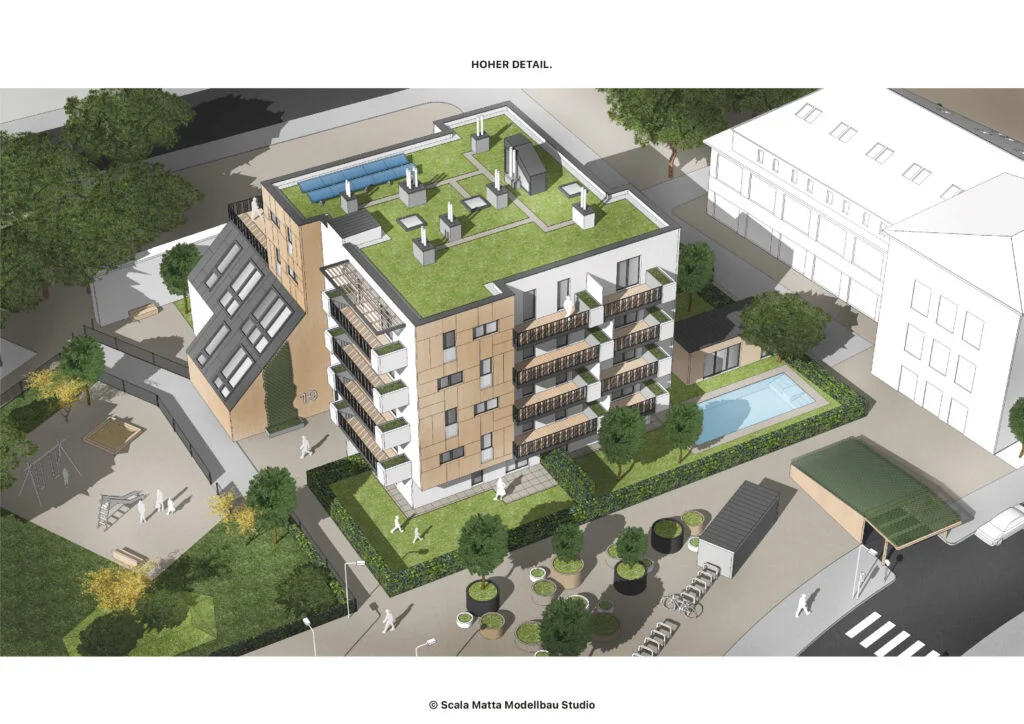 Architekturmodell im höheren Detaillierungsgrad mit Grünflächen, Dachterrasse und Außenanlagen