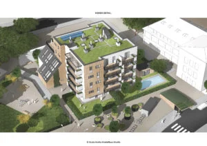 Architekturmodell im höheren Detaillierungsgrad mit Grünflächen, Dachterrasse und Außenanlagen