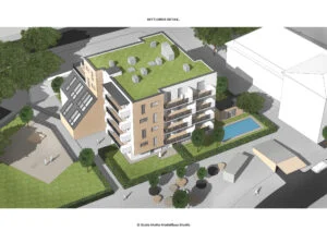 Mittlerer Detail eines Architekturmodells mit begrüntem Dach, Balkonen und Außenanlage.