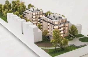 Architekturmodell M1:100 einer modernen Wohnanlage mit Balkonen, Begrünung und detaillierter Geländeumgebung