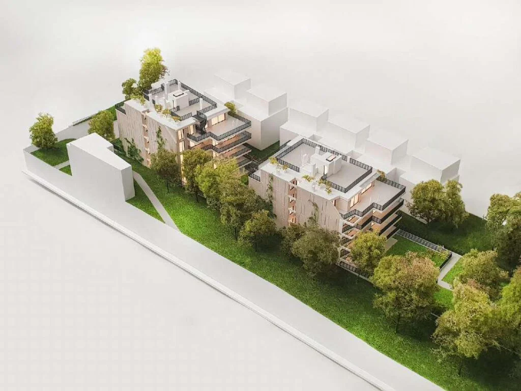 Architekturmodell M1:100 mit begrünten Terrassen, Fassadendetails und plastischer Darstellung der Wohnanlage