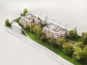 Architekturmodell M1:100 mit begrünten Terrassen, Fassadendetails und plastischer Darstellung der Wohnanlage