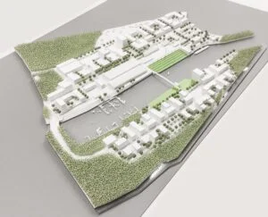 Umgebungsmodell 1:500 mit Hafenbereich, Grünflächen und bebauter Struktur zur Darstellung von Kontext und Raumwirkung.