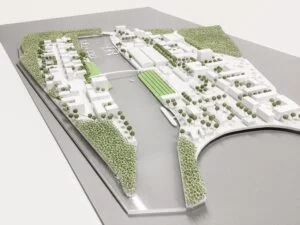 Umgebungsmodell 1:500 mit Wasserfläche, Grünräumen und klarer Bebauungsstruktur.