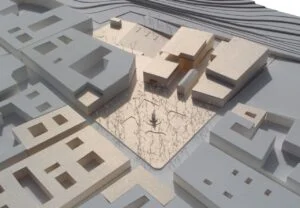 Architektur-Ausstellungsmodell 1:400 mit umliegenden Baukörpern und Platzgestaltung mit Bäumen und zentralem Element.