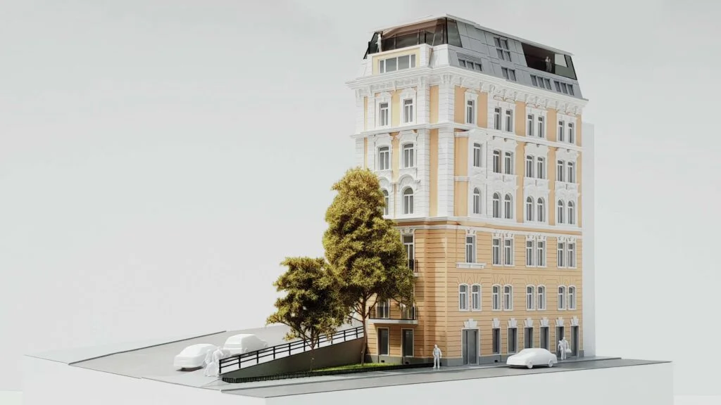 Architekturmodell im Maßstab 1:100 – Straßenansicht eines Wohngebäudes mit Fassadengliederung und Dachaufbau