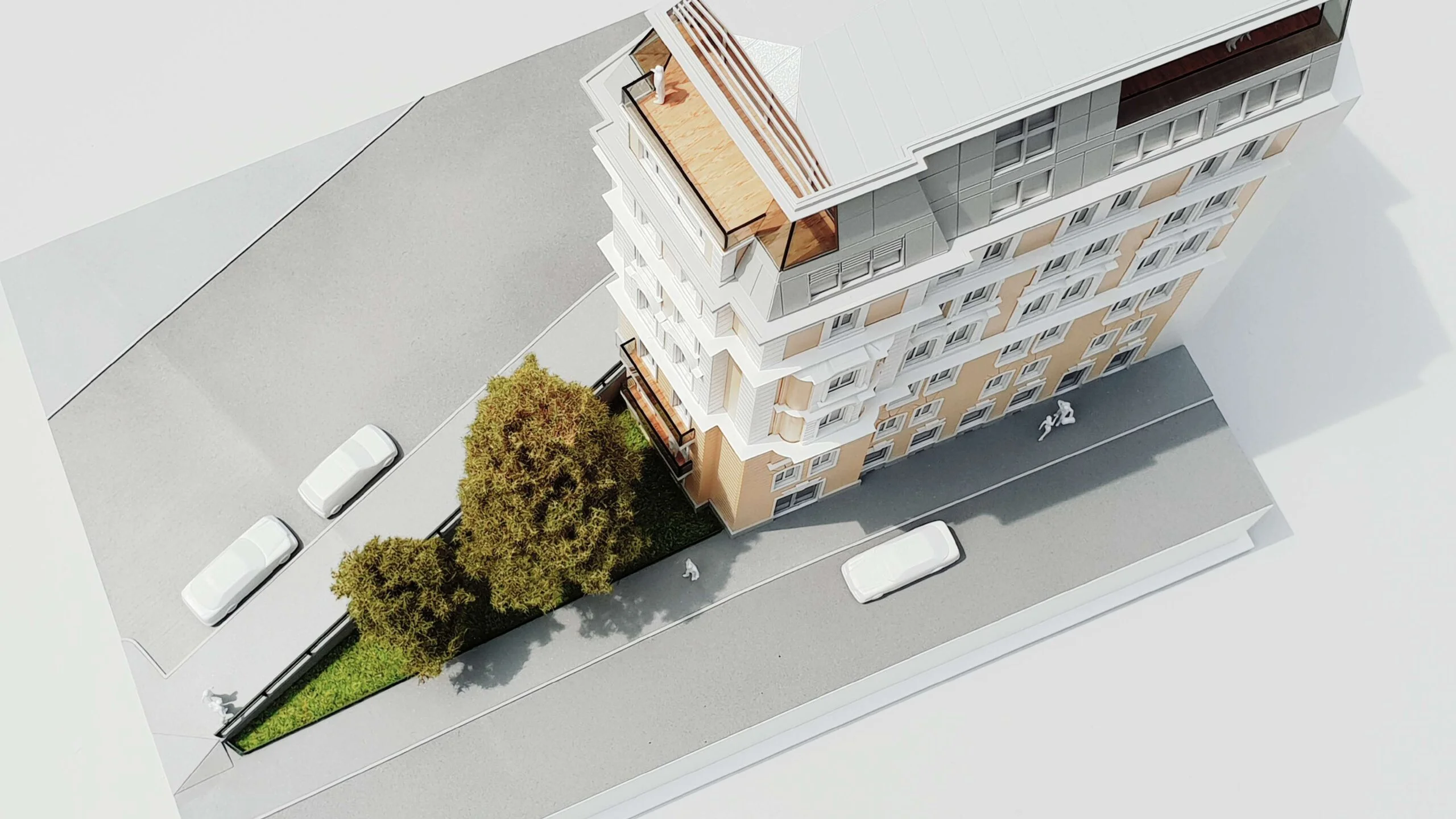 Architekturmodell Maßstab 1:100 – Straßenansicht eines Gründerzeithauses mit Baumbestand