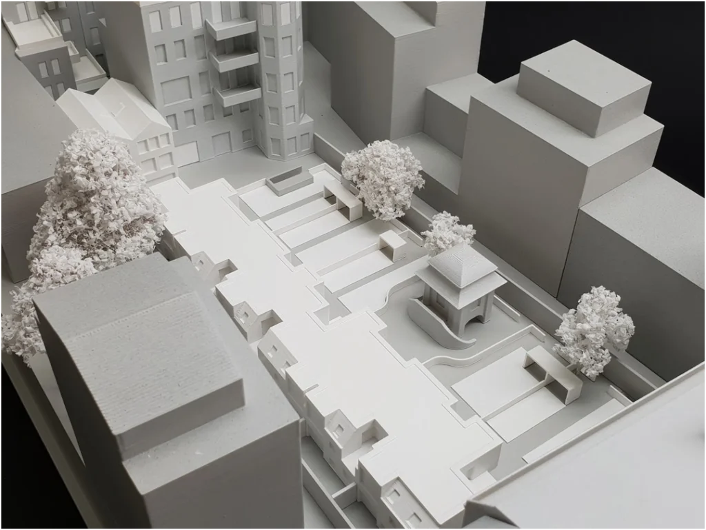Weißmodell eines städtebaulichen Innenhofs mit Freiraum- und Platzstruktur