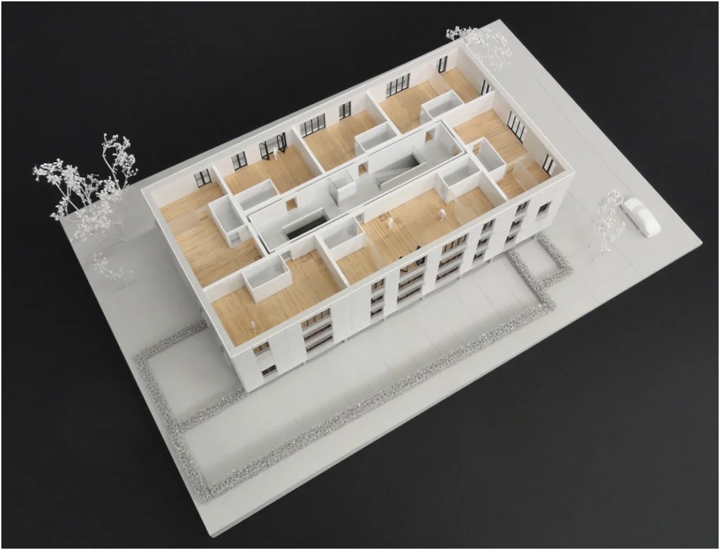 Weißmodell eines Wohngebäudes mit offenem Grundriss und sichtbarer Raumaufteilung