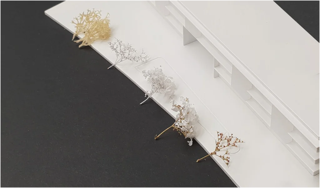 Detailaufnahme eines Architektur-Weißmodells mit abstrahierten Bäumen und reduzierter Landschaftsdarstellung