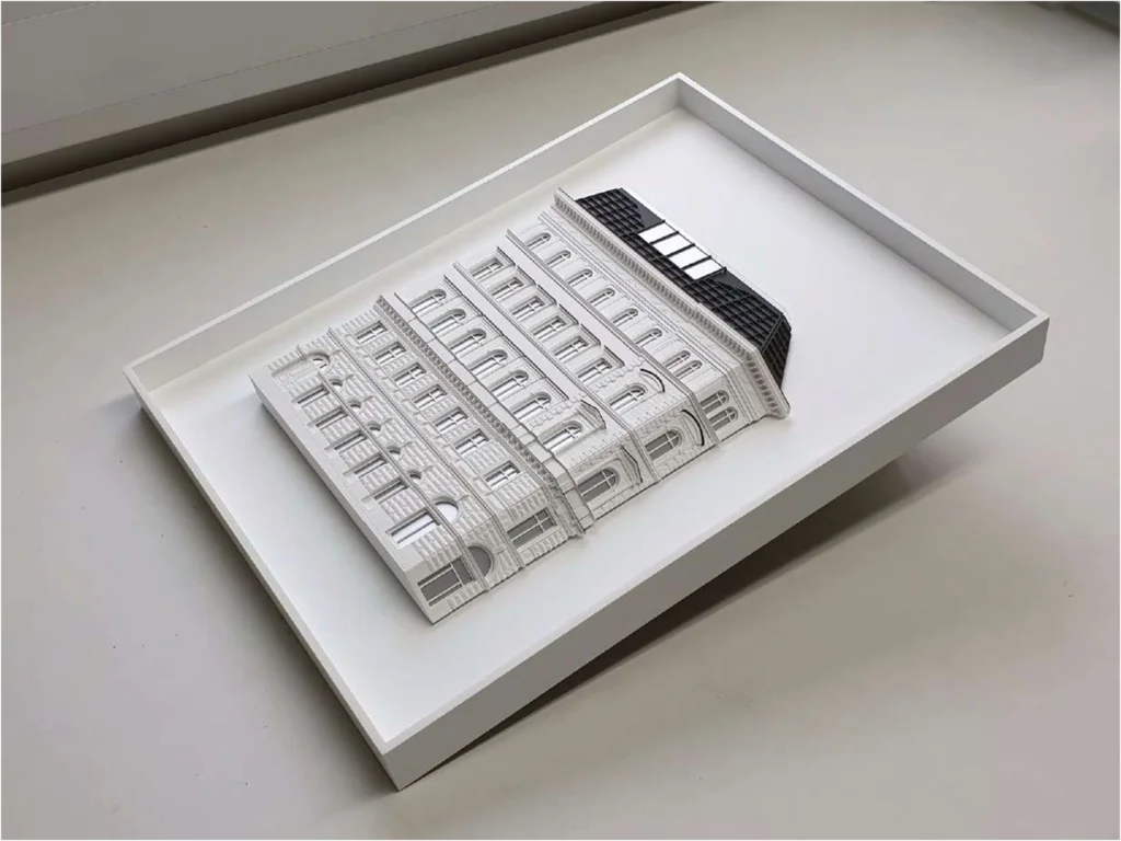 Hochdetailliertes Fassadenmodell eines historischen Wohngebäudes in Weiß – Architekturmodell für präzise Projektvisualisierung
