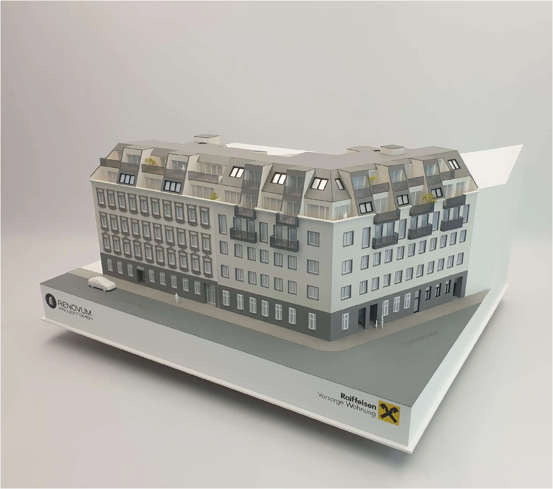 Architekturmodell eines Neubauprojekts im Maßstab 1:100 mit mittlerem Detaillierungsgrad"
