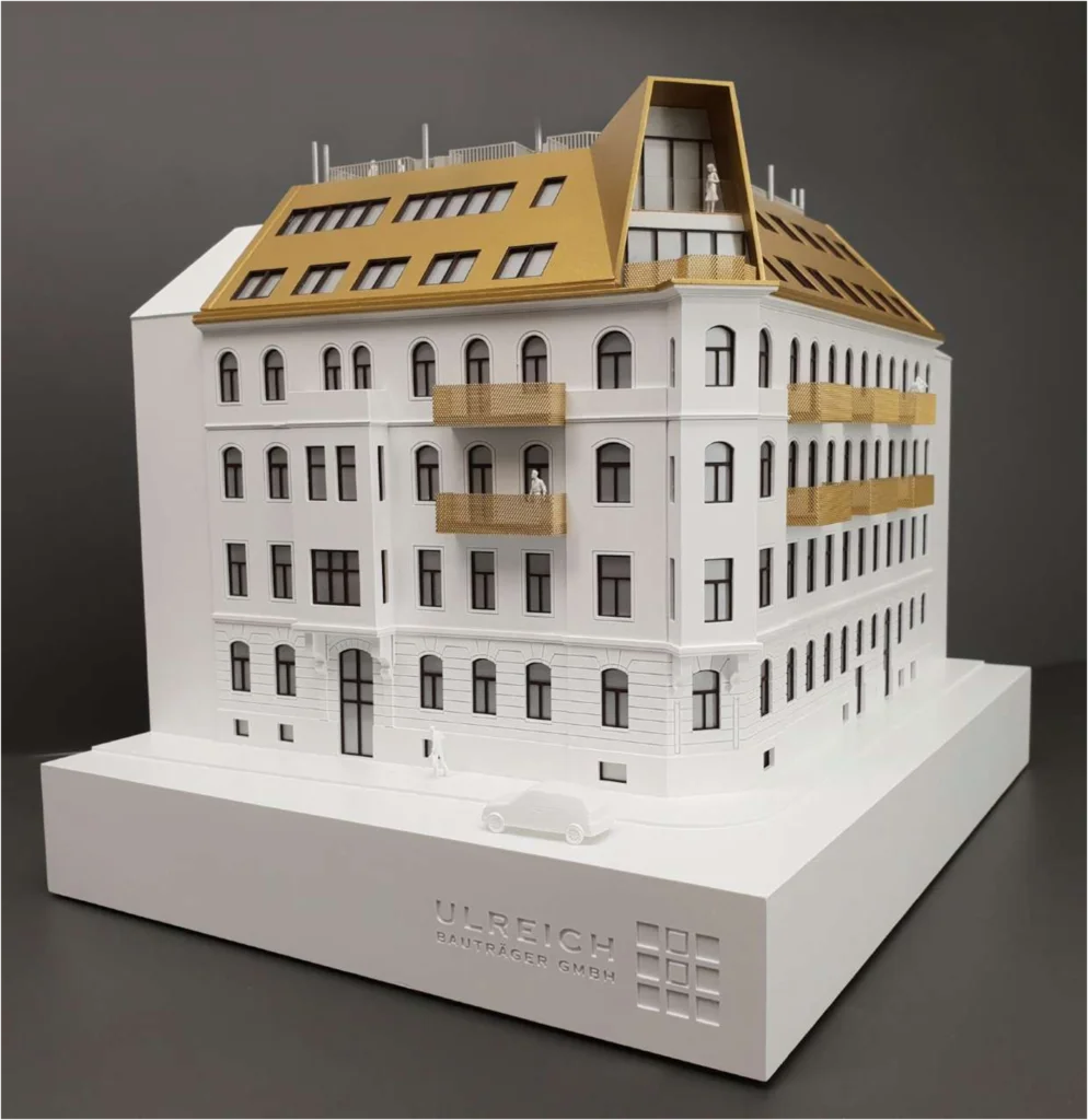 Wohnbauprojekt mit Dachgeschossausbau – Architekturmodell im Maßstab 1:100 Architekturmodell Wohnhaus mit Dachausbau, Maßstab 1:100, mittlere Detailtiefe