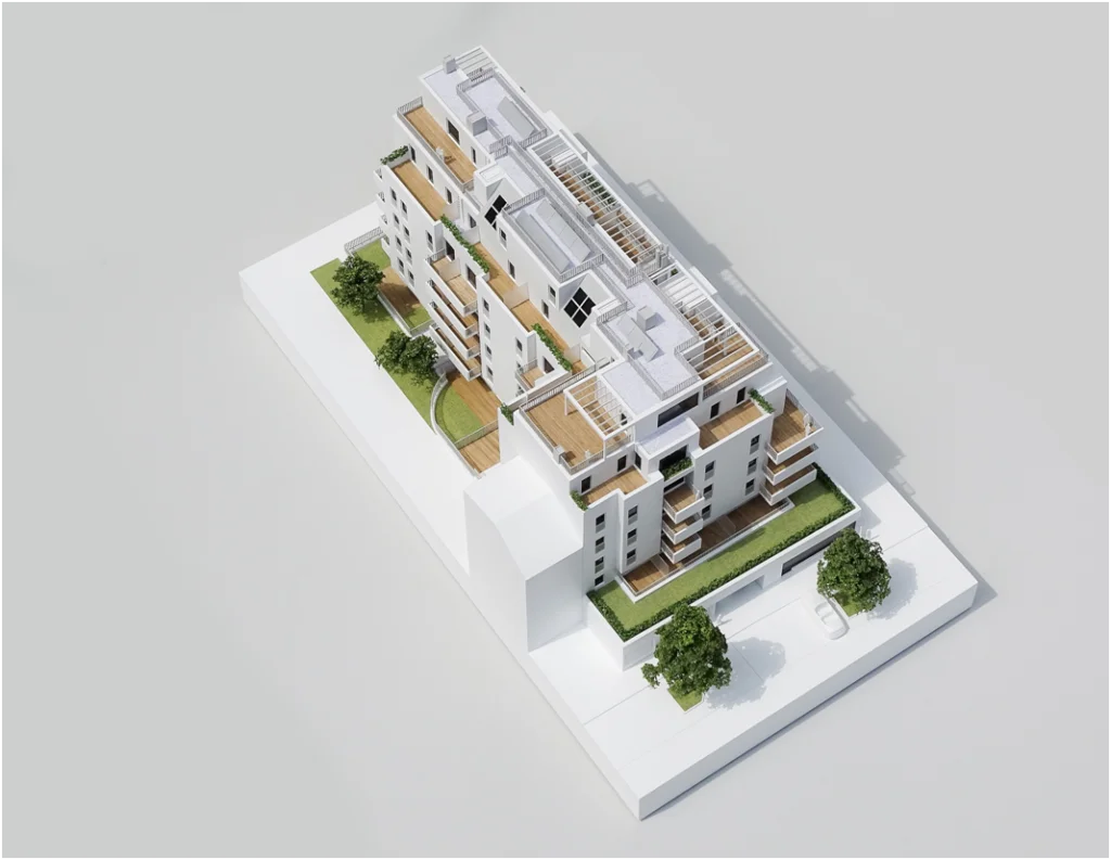 Detailliertes Immobilienmodell eines Wohngebäudes im Maßstab 1:100 mit Terrassen und Begrünung