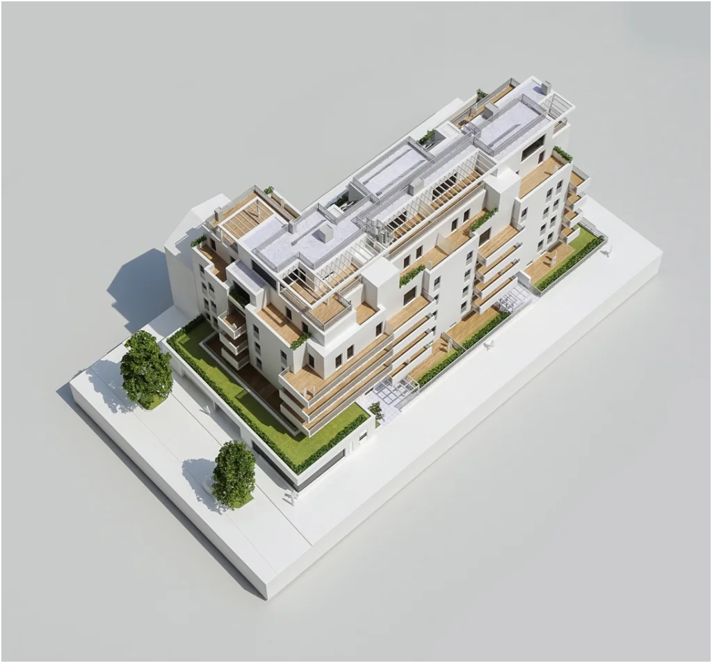 Architekturmodell eines modernen Mehrfamilienhauses im Maßstab 1:200 inklusive präziser Umgebungsmodellierung