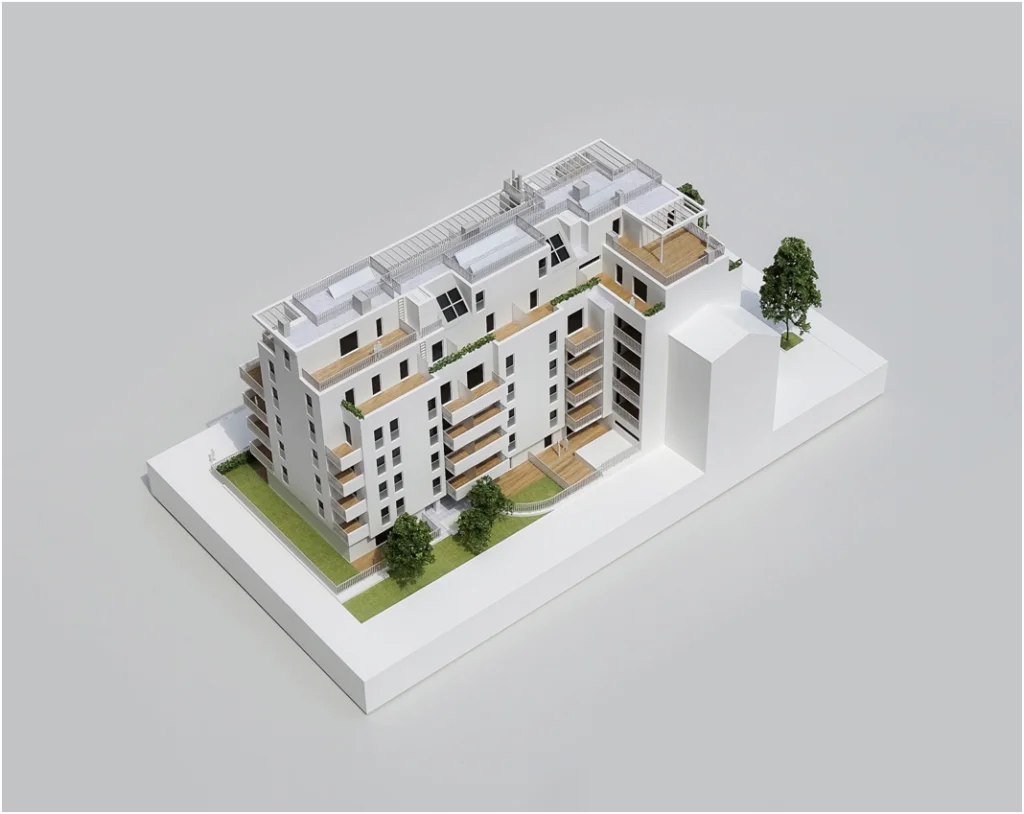 Vogelperspektive eines Immobilienmodells im Maßstab 1:200 mit detaillierten Dachterrassen und Holzelementen