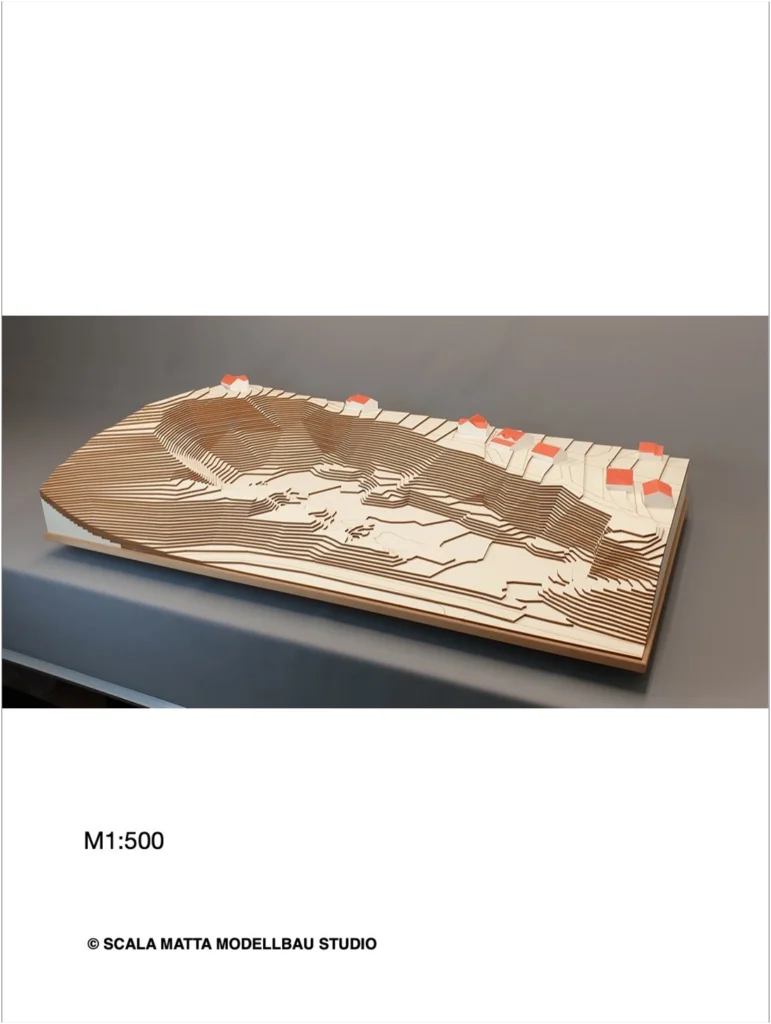 Arbeitsmodell Architektur M 1:500 – topografisches Geländemodell mit Bebauung