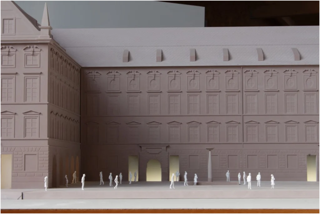 High-End Architekturmodell eines historischen Gebäudes mit präziser Fassadengestaltung, reduzierte Ästhetik für Projektpräsentationen und Wettbewerbe
