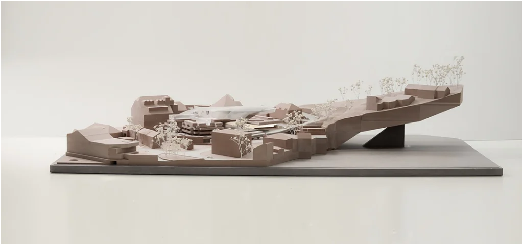 Reduziertes Naturmodell einer architektonischen Gesamtanlage mit Topografie, Volumenstudie und abstrakter Landschaftsdarstellung für Wettbewerbe und Präsentationen
