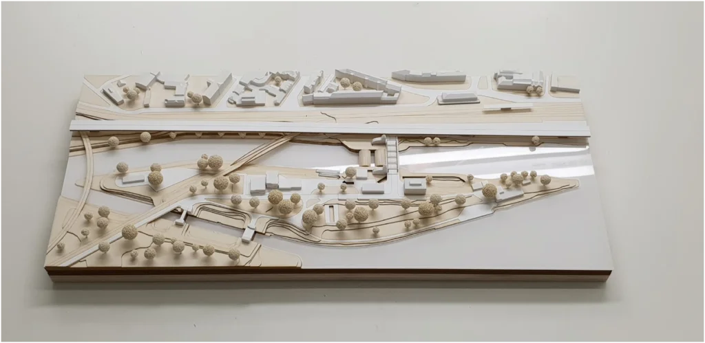 Infrastruktur- und Landschaftsmodell mit Verkehrsführung – präzises Topografiemodell für Stadt- und Quartiersplanung
