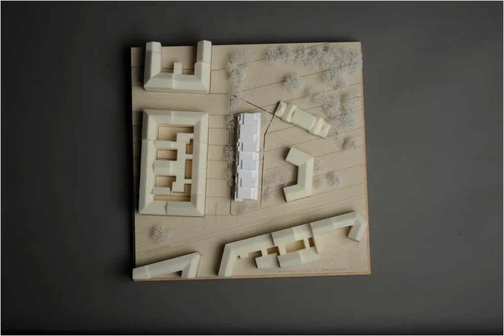 Städtebauliches Volumenmodell eines Quartiers – abstrakte Blockstrukturen und Freiraumplanung