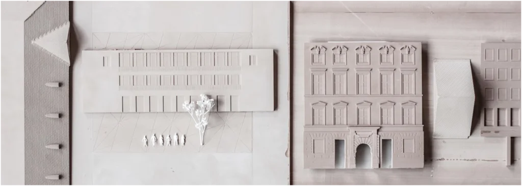 High-End Architekturmodell in Weiß: präzise Gebäudemodelle und Umfeld-Elemente als Referenz für Natur- und Topografiemodelle in der Projektpräsentation