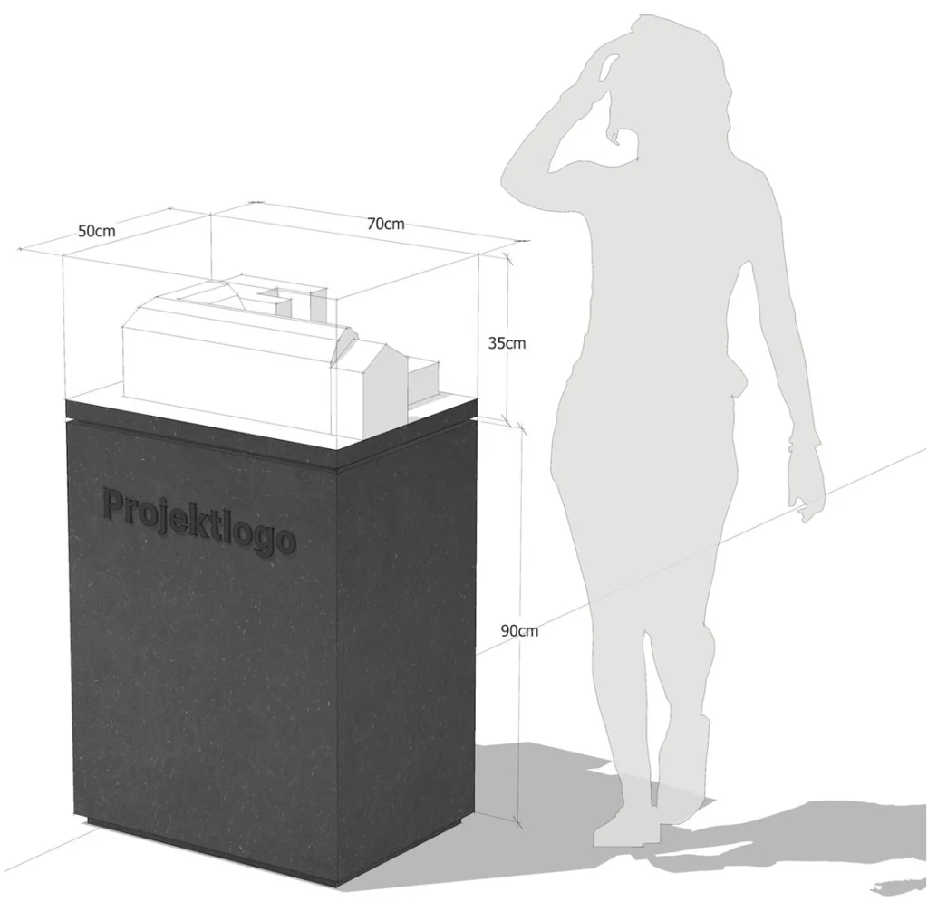 Technisches Konzept für Modellpodest – Maßgeschneidert mit Firmenlogo und Staubschutz Visualisierung eines Modellpodests aus MDF mit Abmessungen, Acrylglashaube und integriertem Projektlogo