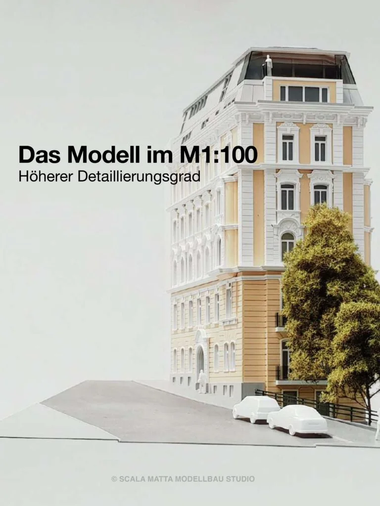 Architekturmodell im Maßstab 1:100 mit hohem Detaillierungsgrad – realistische Fassadengestaltung und Umgebung
